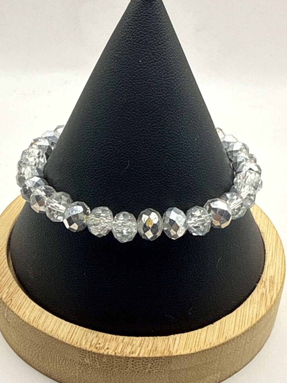 Faceted Silver Crystal Beaded Stretch Bracelet Metallic Grey Shimmer Boho Y2K
